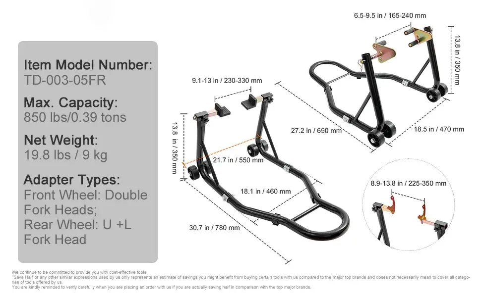 SucceBuy Motorcycle Stand Lift 850lbs Front Rear Combo Stand Lift Stand Front&Rear Wheel Fork Stand Heavy Duty Rear