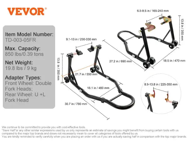 SucceBuy Motorcycle Stand Lift 850lbs Front Rear Combo Stand Lift Stand Front&Rear Wheel Fork Stand Heavy Duty Rear