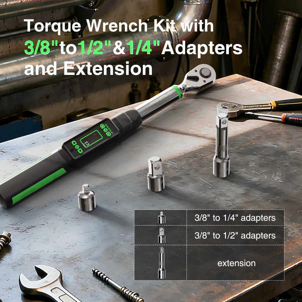 TaskStar 3/8-inch Digital Torque Wrench with 1/4’’&1/2’’ Adapter Bidirectional Ratchet Head ±2% Accuracy Electronic