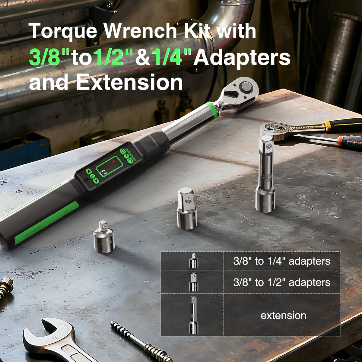 TaskStar 3/8-inch Digital Torque Wrench with 1/4’’&1/2’’ Adapter Bidirectional Ratchet Head ±2% Accuracy Electronic