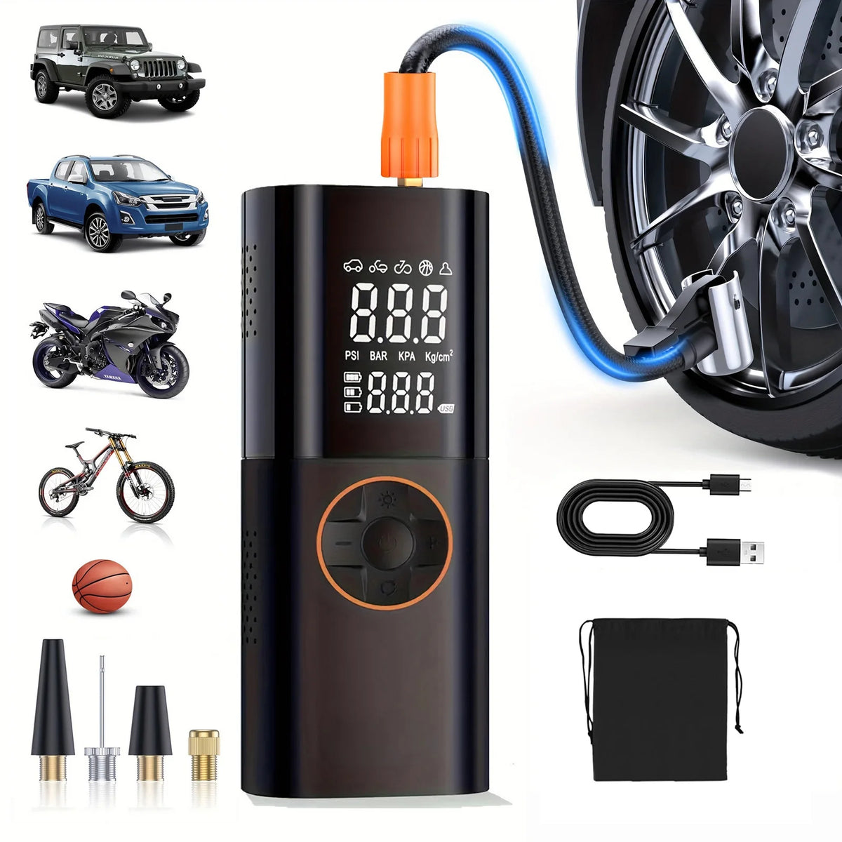 Tire Inflator Portable Air Compressor Air Pump for Car Tires with LED Lights&Pressure Gauge for Auto Motorcycles Bikes