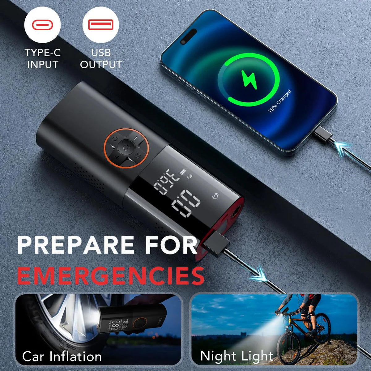 Tire Inflator Portable Air Compressor Air Pump for Car Tires with LED Lights&Pressure Gauge for Auto Motorcycles Bikes