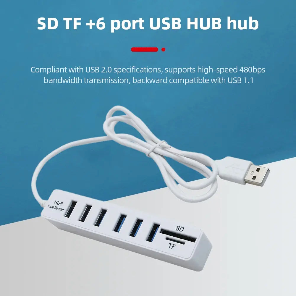 USB 6 Port Extension Hub High Speed Transmission Memory TF Splitter Adapter Plug and Play USB 2.0 for Laptop Computer PC - Nexvibe