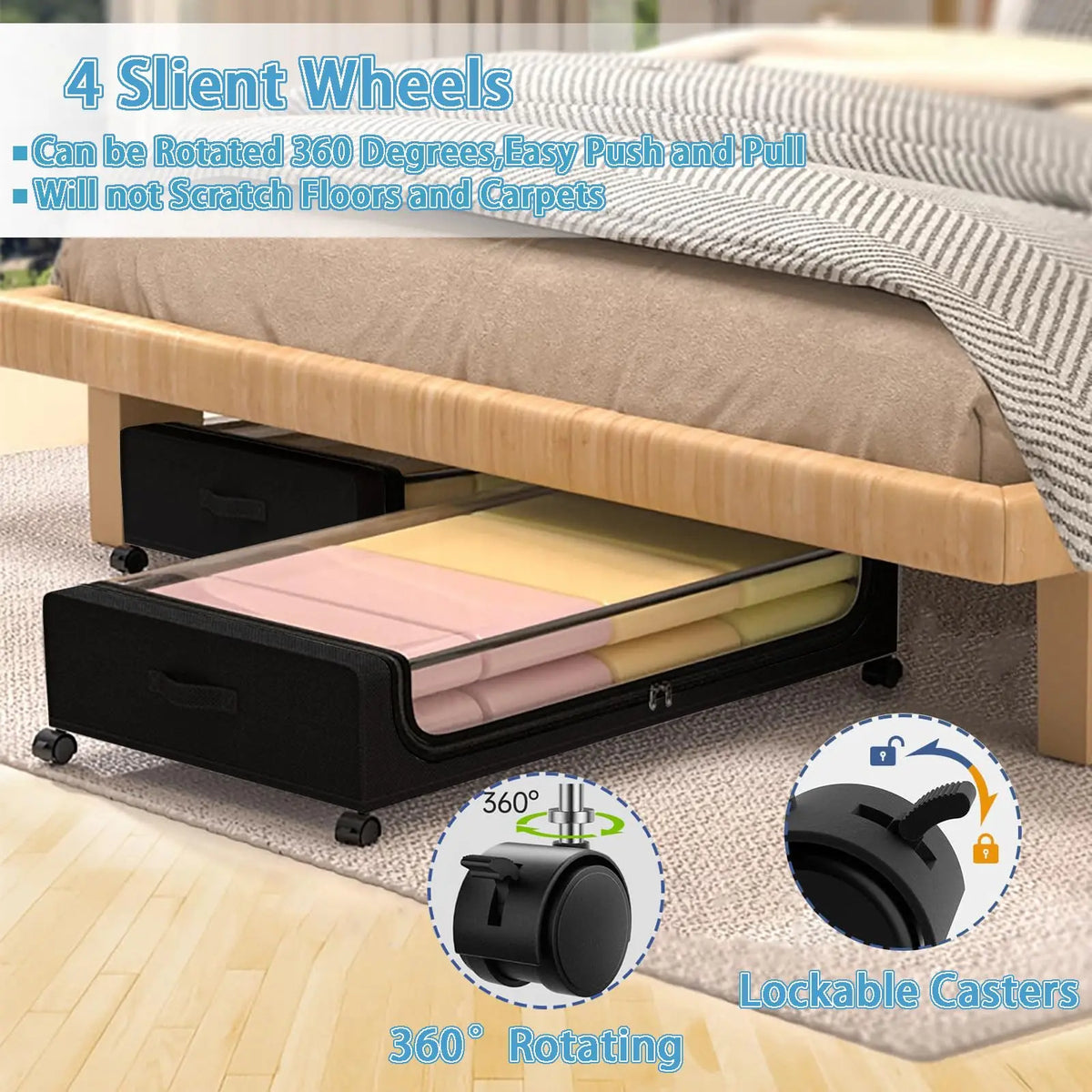 Under Bed Storage With Wheels 2-Pack 48L Each Under The Bed Storage Containers With Clear Lids & Label Underbed Storage