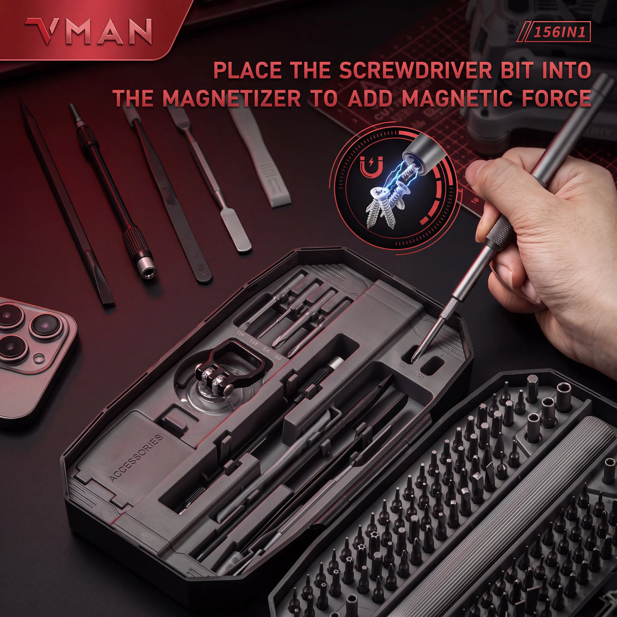 VMAN 156-in-1 Mini Electric Screwdriver Set Precision Repair Tools with Magnetic Phillips Screw Driver Bits for iPhone
