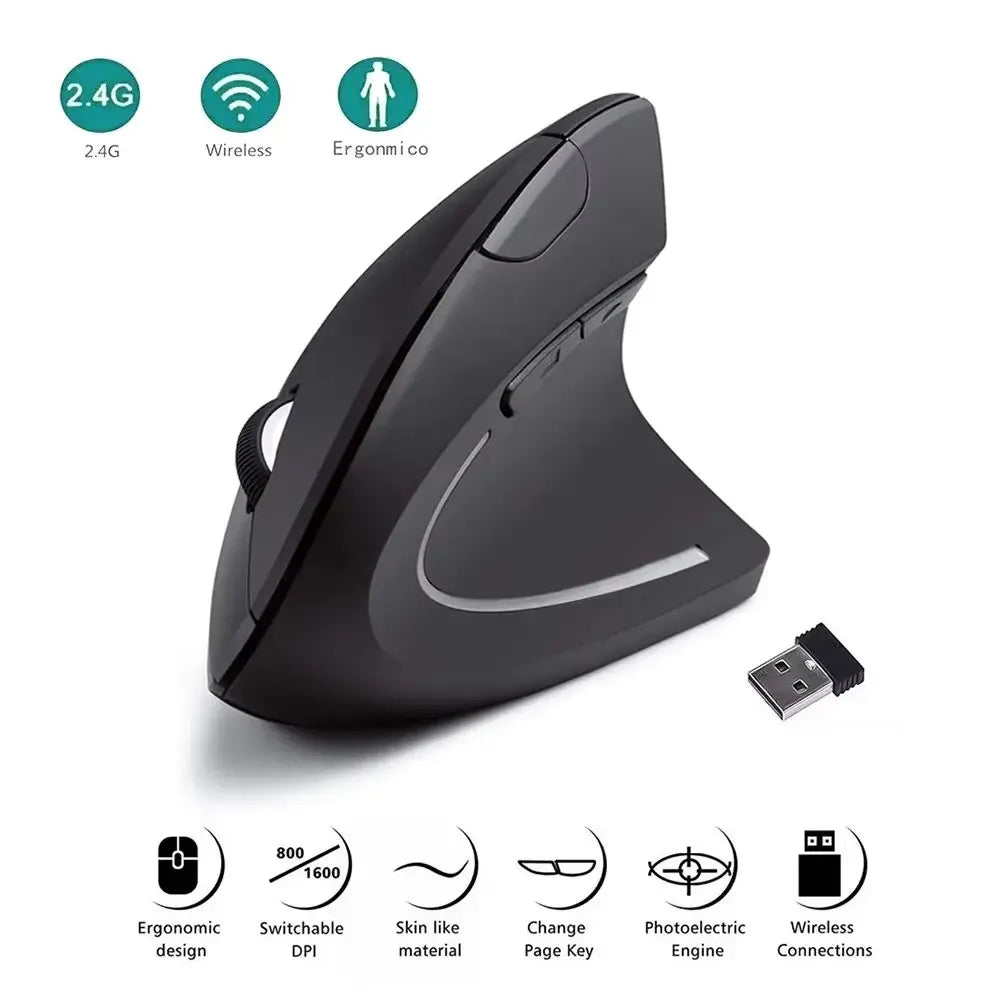 Vertical Ergonomic Wireless Mouse 2.4GHz Optical 3 Adjustable DPI 800/1200/1600 6 Buttons for Laptop PC Computer - Nexvibe