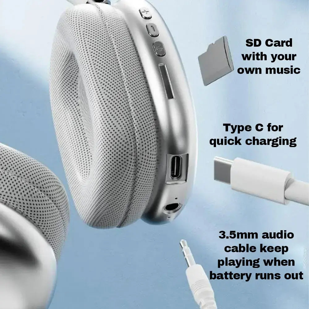 Wireless Bluetooth Headphones Over Ear HIFI Stereo Bass Headset Support TF Card 3.5mm Wired Audio Foldable Adjustable
