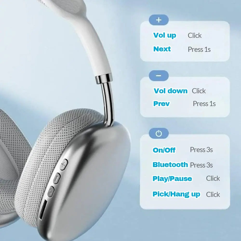Wireless Bluetooth Headphones Over Ear HIFI Stereo Bass Headset Support TF Card 3.5mm Wired Audio Foldable Adjustable