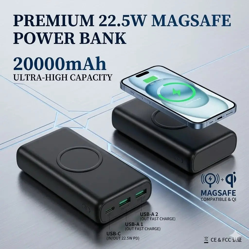 Wireless Portable Charger 20000mAh PD 22.5W Quick Charge USB C External Battery Pack 5 Ports Fast Charging Power Bank