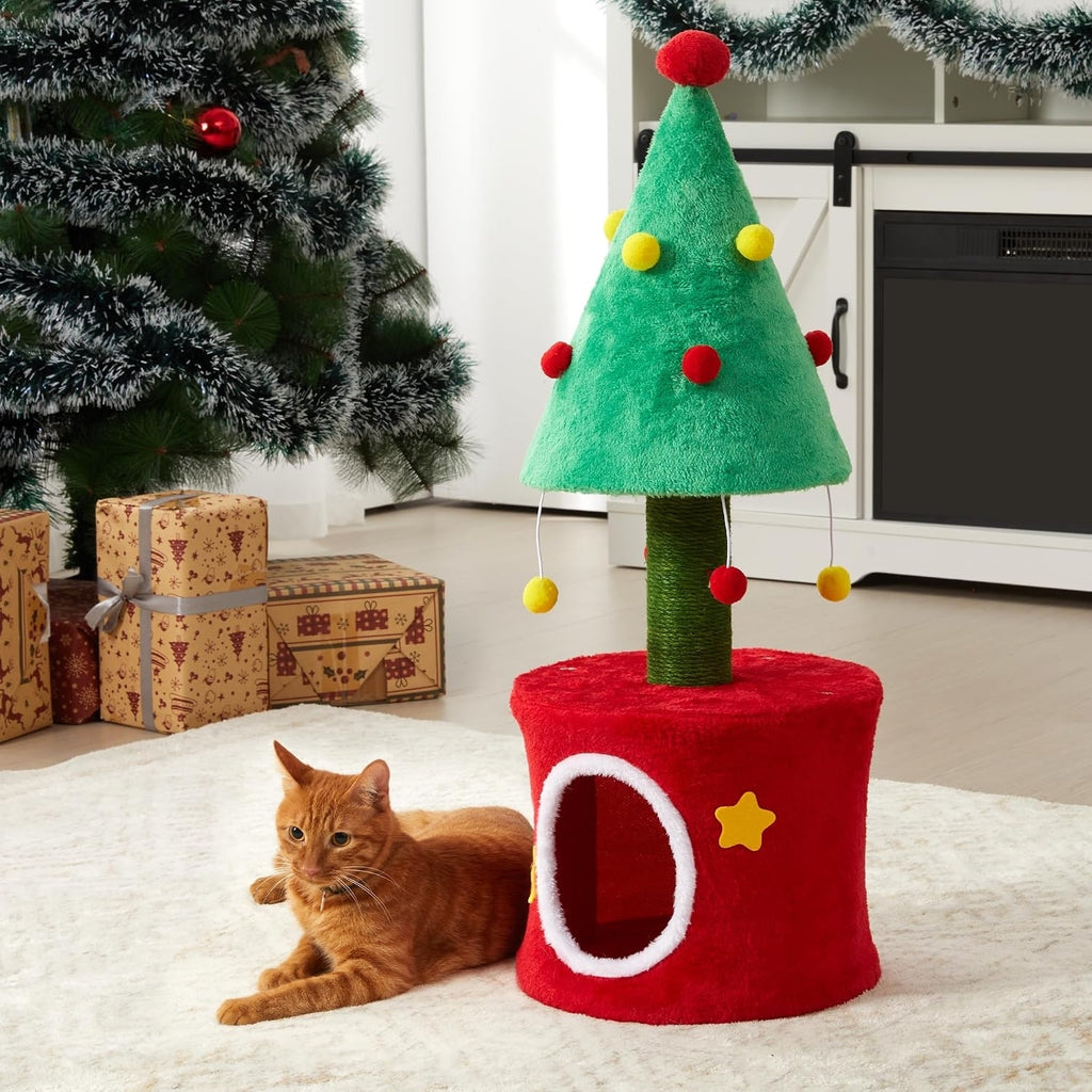 Cat Tree Tower for Indoor Cats, Cat Tree Small with Sisal Scratching Posts and Cozy Cat Bed, Multi-Functional Cat Furniture for Kittens and Adult Cats, Green&Red