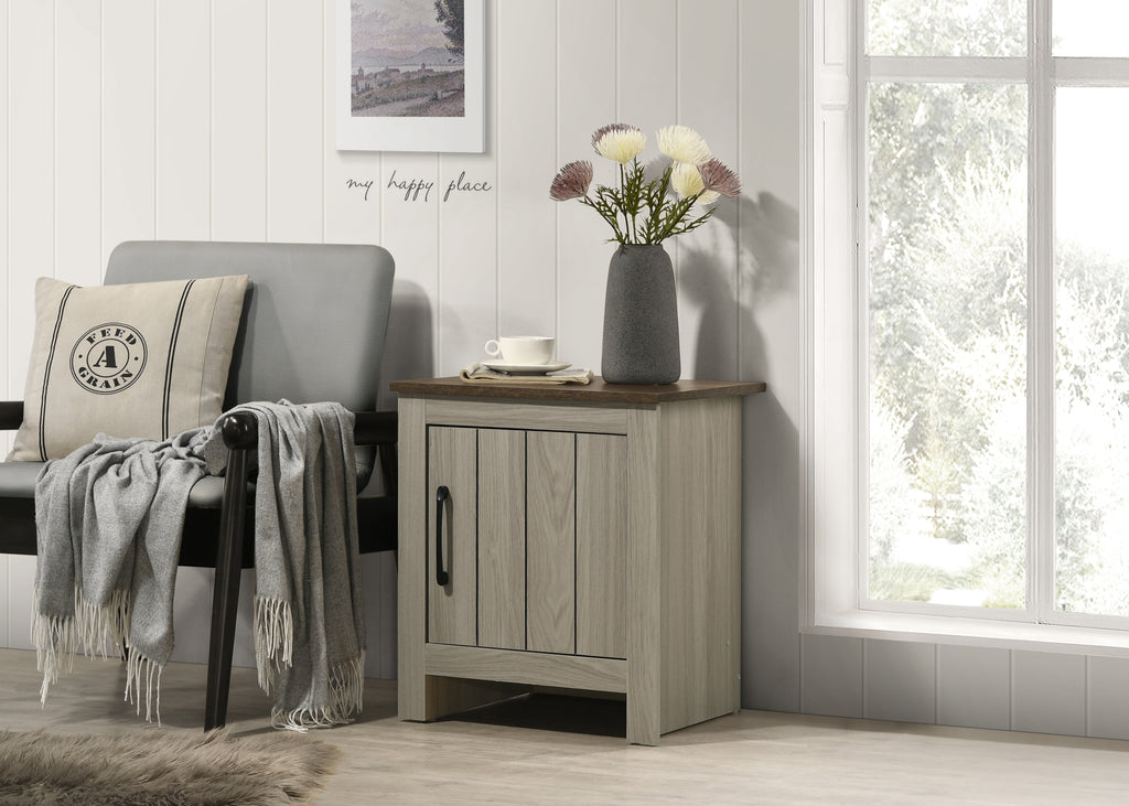 Nyla 16'W Gray Oak End Table, Side Table, Nightstand with Cabinet Door