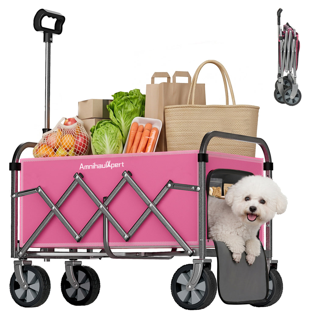Foldable Wagon Cart with Wheels, Heavy Duty Collapsible Wagon, Lightweight Utility Cart with Adjustable Handle, All Terrain Wheels for Camping, Shopping, Beach, Garden, Pink