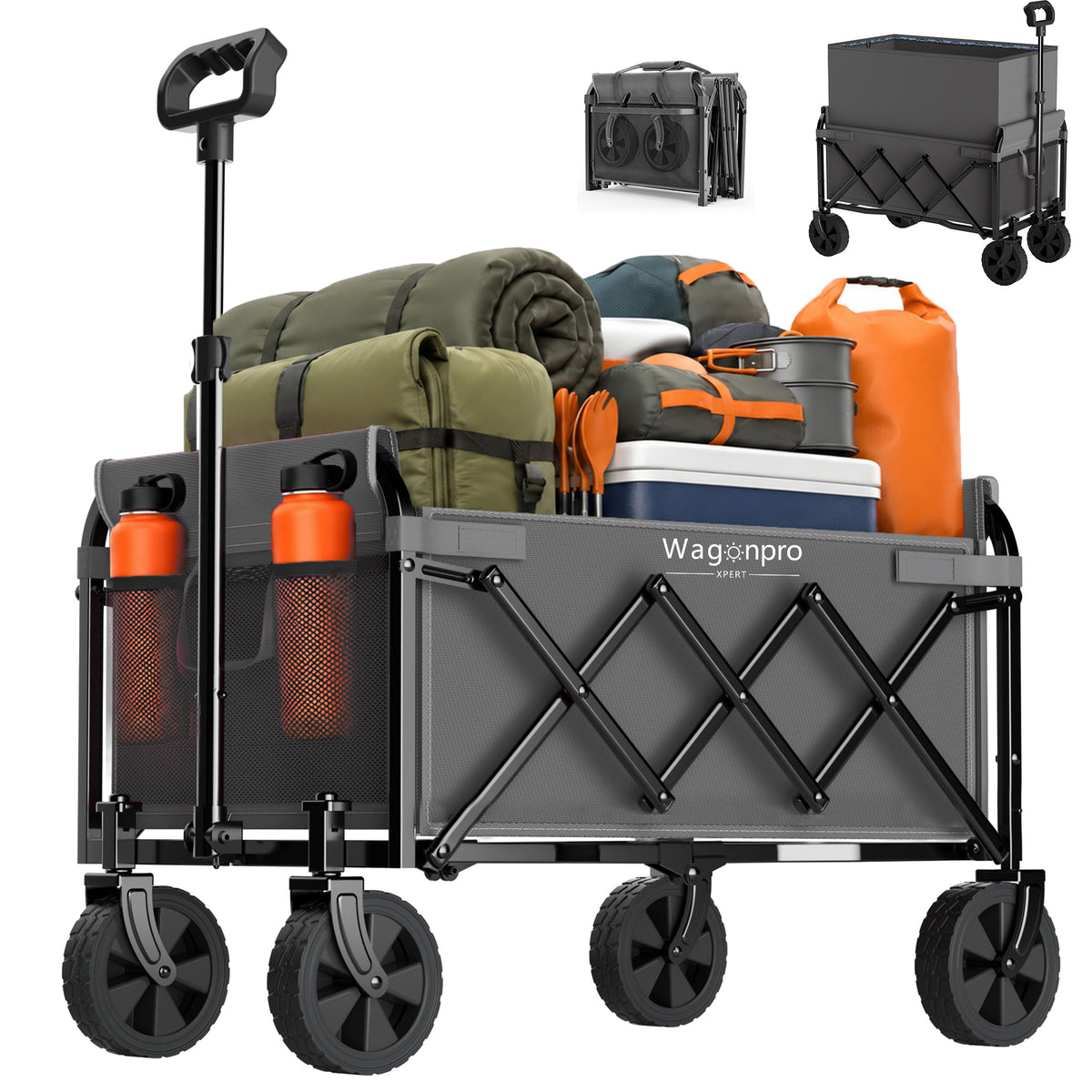 Expandable Dual-Layer Utility Wagon with 100% Extra Space - 220lbs Grocery Cart for Camping, Shopping, Sports, Gardening, Fishing, Gray