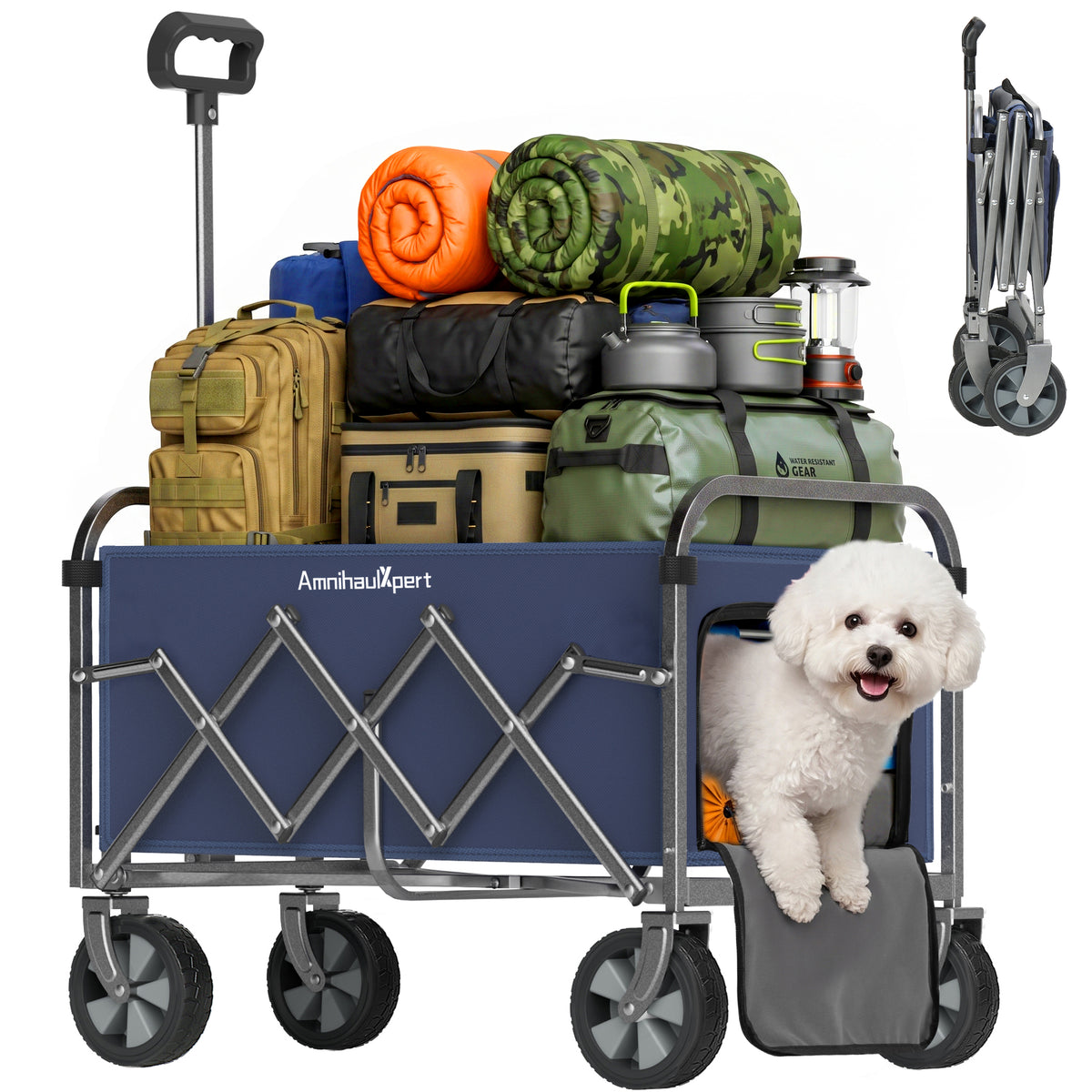 Foldable Wagon Cart with Wheels, Heavy Duty Collapsible Wagon, Lightweight Utility Cart with Adjustable Handle, All Terrain Wheels for Camping, Shopping, Beach, Garden, Blue