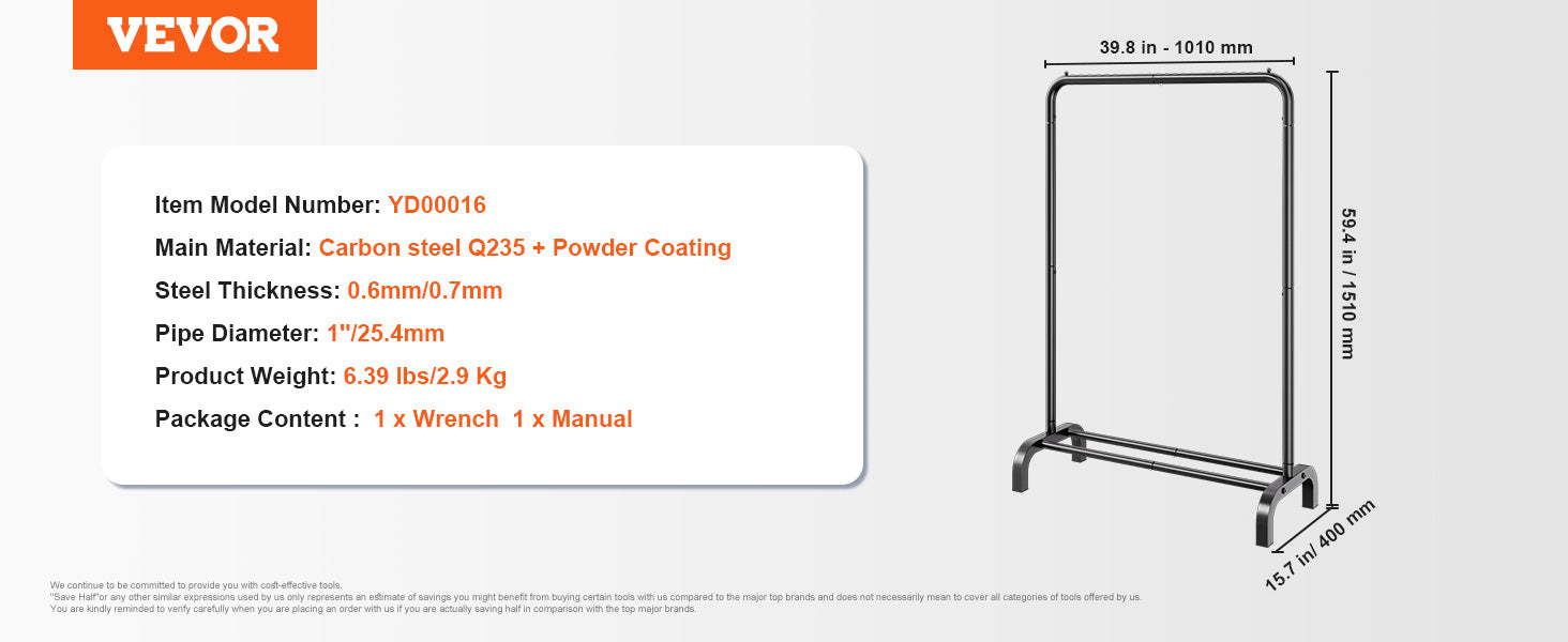 VEVOR Clothing Garment Rack Heavy Duty Clothes Rack Adjustable Length Clothes Rack w/ Bottom Shelf & Wheels for Laundry Room