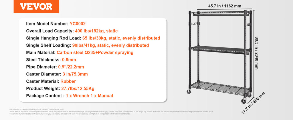 VEVOR Clothing Garment Rack Heavy Duty Clothes Rack Adjustable Length Clothes Rack w/ Bottom Shelf & Wheels for Laundry Room