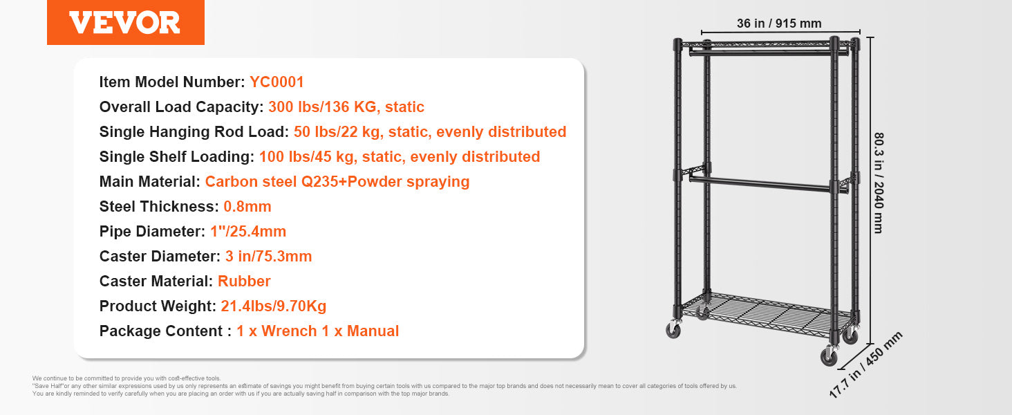 VEVOR Clothing Garment Rack Heavy Duty Clothes Rack Adjustable Length Clothes Rack w/ Bottom Shelf & Wheels for Laundry Room