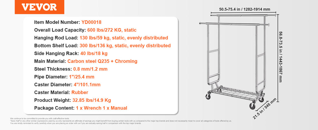 VEVOR Clothing Garment Rack Heavy Duty Clothes Rack Adjustable Length Clothes Rack w/ Bottom Shelf & Wheels for Laundry Room