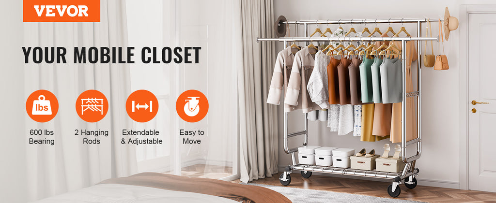 VEVOR Clothing Garment Rack Heavy Duty Clothes Rack Adjustable Length Clothes Rack w/ Bottom Shelf & Wheels for Laundry Room