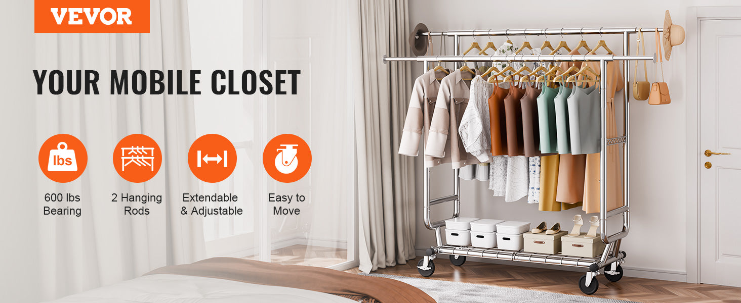 VEVOR Clothing Garment Rack Heavy Duty Clothes Rack Adjustable Length Clothes Rack w/ Bottom Shelf & Wheels for Laundry Room