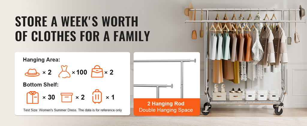 VEVOR Clothing Garment Rack Heavy Duty Clothes Rack Adjustable Length Clothes Rack w/ Bottom Shelf & Wheels for Laundry Room