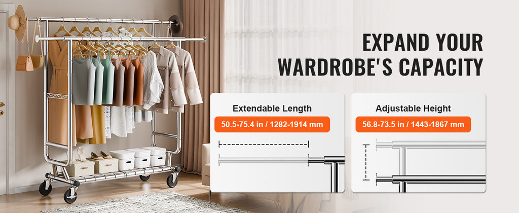 VEVOR Clothing Garment Rack Heavy Duty Clothes Rack Adjustable Length Clothes Rack w/ Bottom Shelf & Wheels for Laundry Room