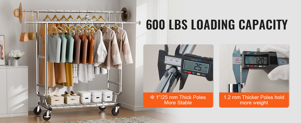 VEVOR Clothing Garment Rack Heavy Duty Clothes Rack Adjustable Length Clothes Rack w/ Bottom Shelf & Wheels for Laundry Room