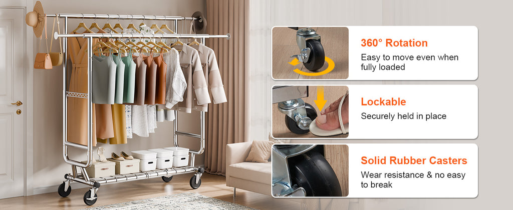 VEVOR Clothing Garment Rack Heavy Duty Clothes Rack Adjustable Length Clothes Rack w/ Bottom Shelf & Wheels for Laundry Room