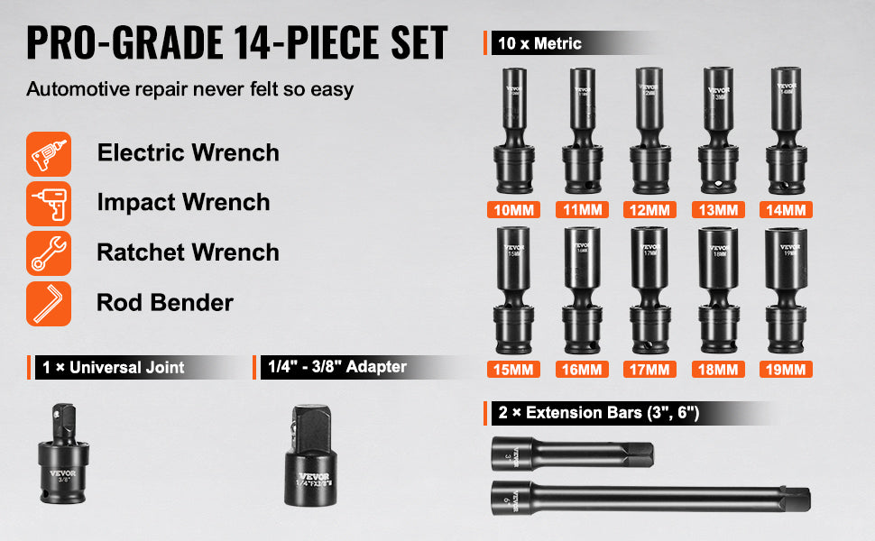 SucceBuy 360 Degree Swivel Impact Socket Set 3/8" Socket Set Deep Universal Metric 10-19mm 6 Point Cr-Mo Alloy Steel for Repair