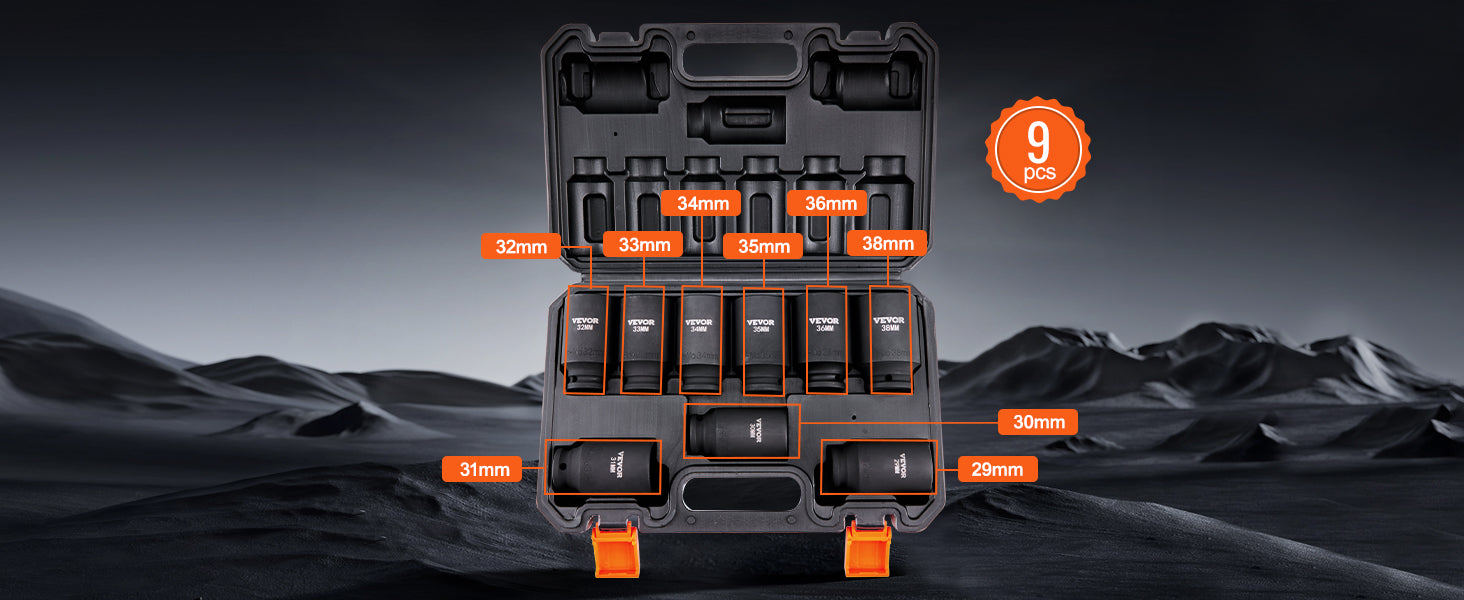 SucceBuy 1/2" Drive Impact Socket Set 9 Piece Deep Socket Set Metric 29-38mm 6 Point Cr-Mo Alloy Steel for Auto Repair