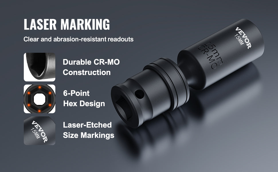 SucceBuy 360 Degree Swivel Impact Socket Set 3/8" Socket Set Deep Universal Metric 10-19mm 6 Point Cr-Mo Alloy Steel for Repair