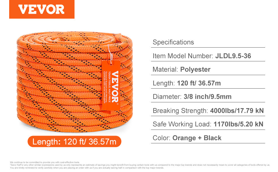 SucceBuy 120ft Dual-Weave Polyester Cord 3/8 1/2in 48-Strand Multi-Use Rope for Arborist Activities Outdoor Adventures Versatile