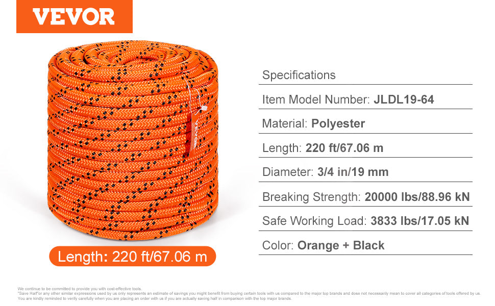 SucceBuy 220ft Dual-Weave Polyester Rope 48-Strand Outdoor Accessories Emergency Cord for Camping Swinging Rappelling Rescue