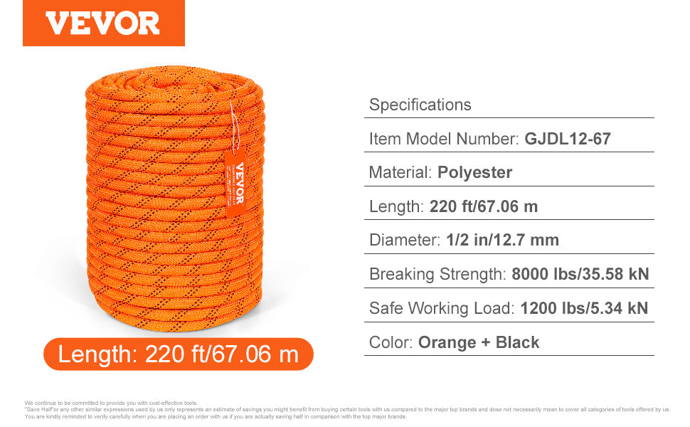 SucceBuy 220ft Dual-Weave Polyester Rope 48-Strand Outdoor Accessories Emergency Cord for Camping Swinging Rappelling Rescue
