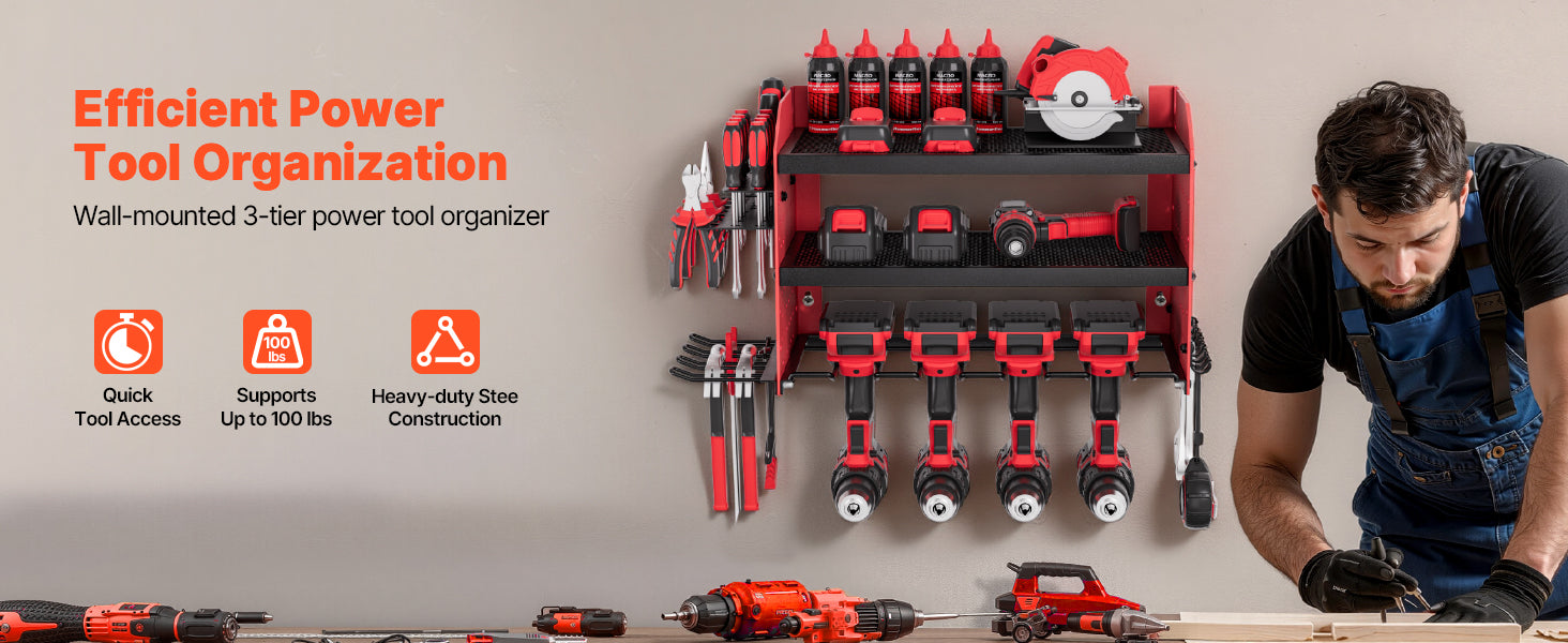 SucceBuy 3-Layer Power Tool Wall Mount Holder Pegboard Wall Storage Tool Set Drill Screwdriver Storage Rack for Workshop/Garage