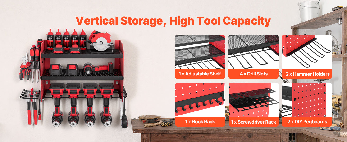 SucceBuy 3-Layer Power Tool Wall Mount Holder Pegboard Wall Storage Tool Set Drill Screwdriver Storage Rack for Workshop/Garage