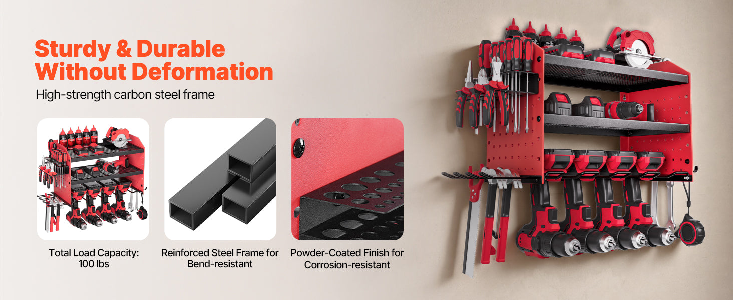 SucceBuy 3-Layer Power Tool Wall Mount Holder Pegboard Wall Storage Tool Set Drill Screwdriver Storage Rack for Workshop/Garage