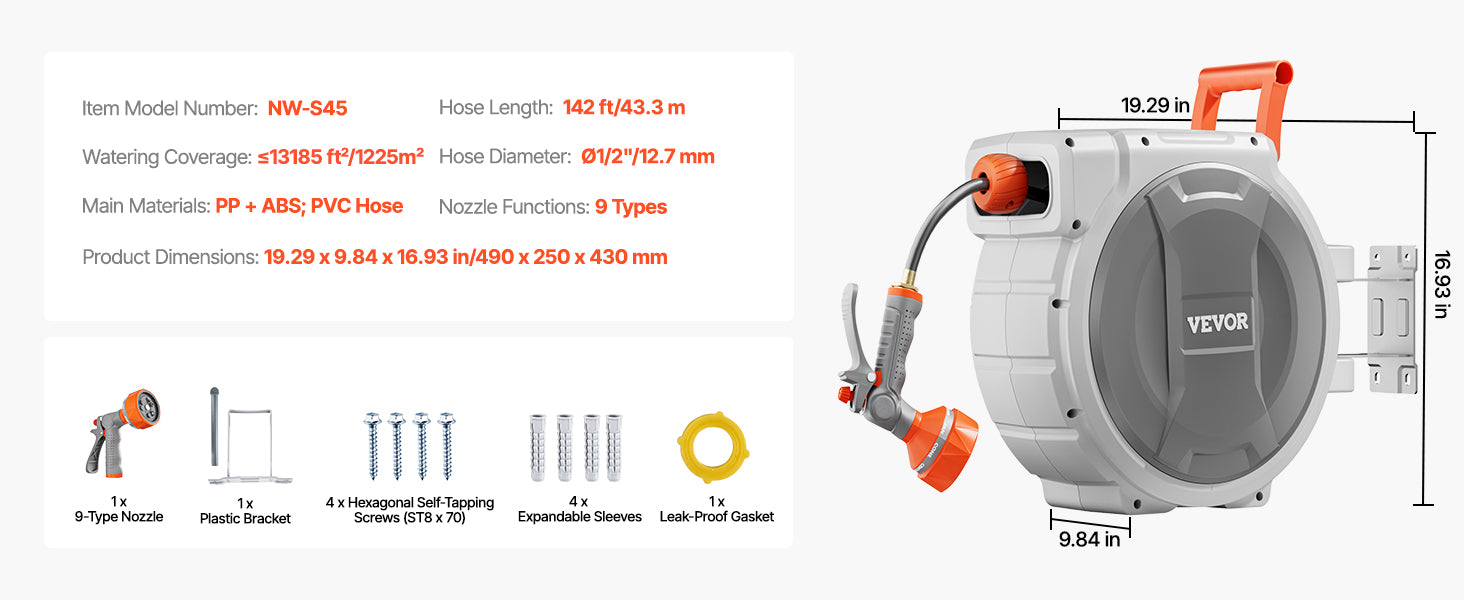 SucceBuy Retractable Garden Hose Reel Wall Mounted Hose Reel Heavy Duty Garden Hose Reel with 9 Patterns Nozzle Swivel Bracket