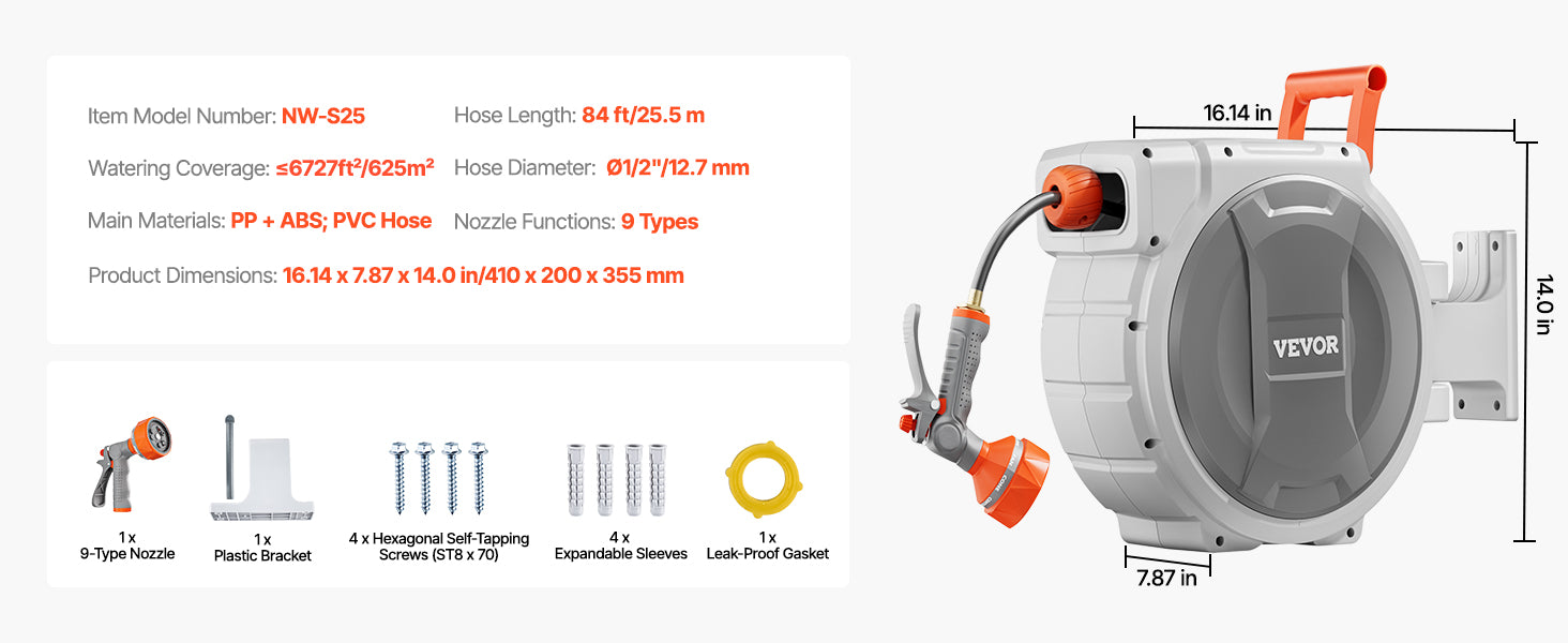 SucceBuy Retractable Garden Hose Reel Wall Mounted Hose Reel Heavy Duty Garden Hose Reel with 9 Patterns Nozzle Swivel Bracket