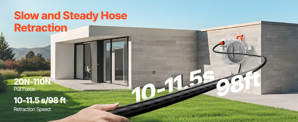 SucceBuy Retractable Garden Hose Reel Wall Mounted Hose Reel Heavy Duty Garden Hose Reel with 9 Patterns Nozzle Swivel Bracket
