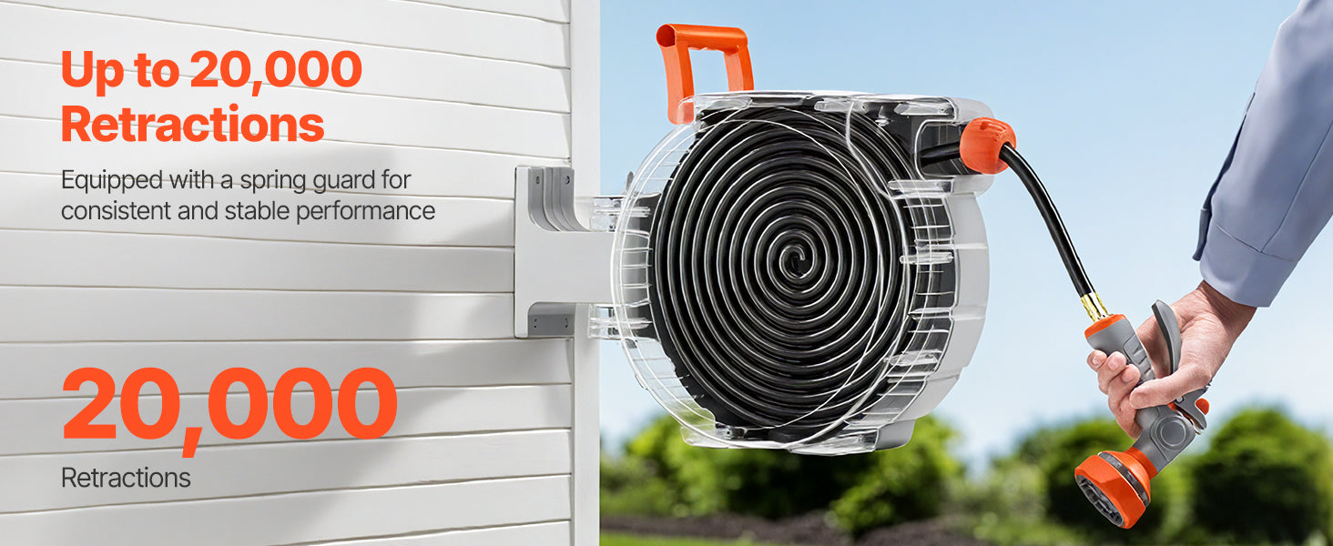 SucceBuy Retractable Garden Hose Reel Wall Mounted Hose Reel Heavy Duty Garden Hose Reel with 9 Patterns Nozzle Swivel Bracket