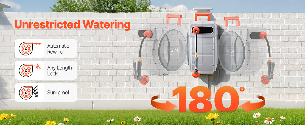SucceBuy Retractable Garden Hose Reel Wall Mounted Hose Reel Heavy Duty Garden Hose Reel with 9 Patterns Nozzle Swivel Bracket