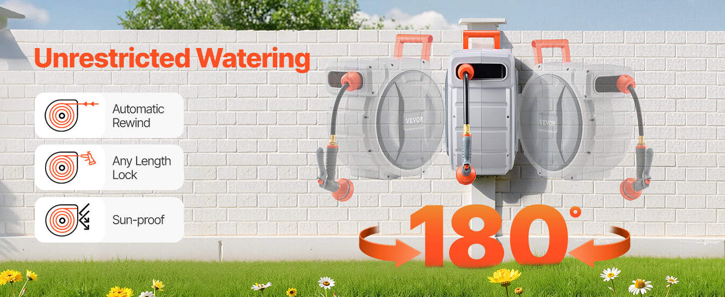 SucceBuy Retractable Garden Hose Reel Wall Mounted Hose Reel Heavy Duty Garden Hose Reel with 9 Patterns Nozzle Swivel Bracket