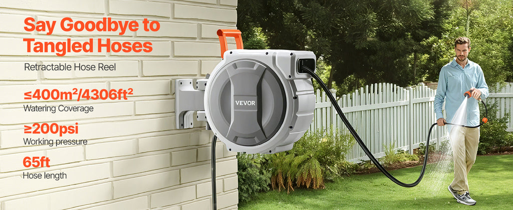 SucceBuy Retractable Garden Hose Reel Wall Mounted Hose Reel Heavy Duty Garden Hose Reel with 9 Patterns Nozzle Swivel Bracket