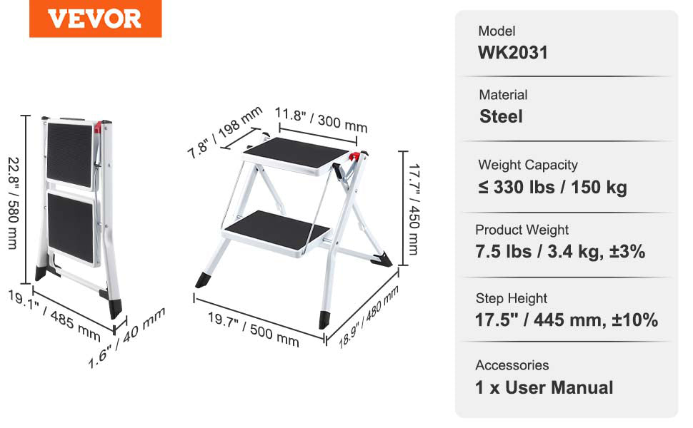 VEVOR Step Stool 1 Step 330lbs Capacity Adjustable Height Toddlers Adults Non Slip Sturdy For Office RVs Pets Bathrooms Bedrooms