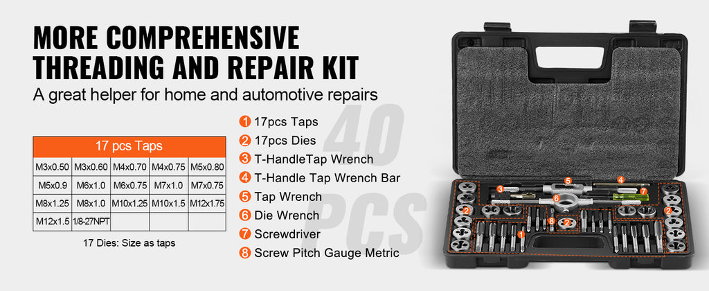 SucceBuy Tap and Die Set 40PCs 60PCs 80PCs 110/116PCs Metric SAE Standard Bearing Steel Taps and Dies Essential Threading Tool